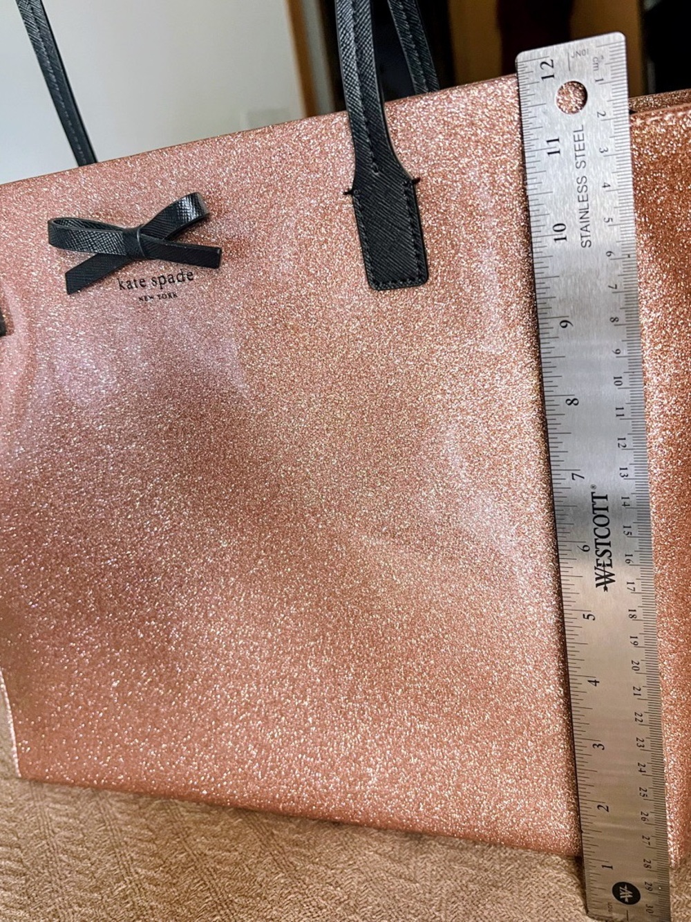 kate spade Rose Gold Glitter Tote with Black Handles and Bow